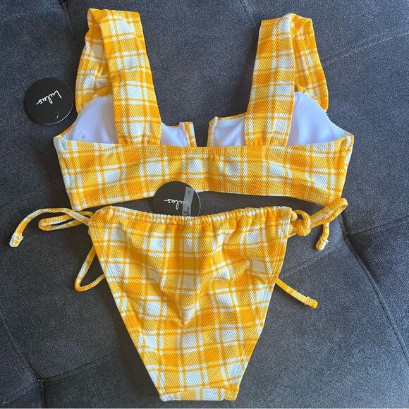 Lulus Marigold Yellow & White Plaid Textured Bikini Set - Picture 10 of 12